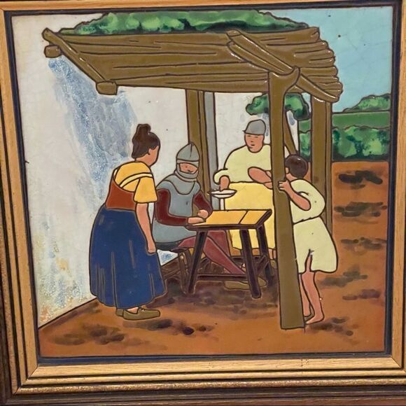 Antique Don Quixote Scene 8” Enameled Clay 8” Square Tiles Custom Framed - Picture 8 of 16